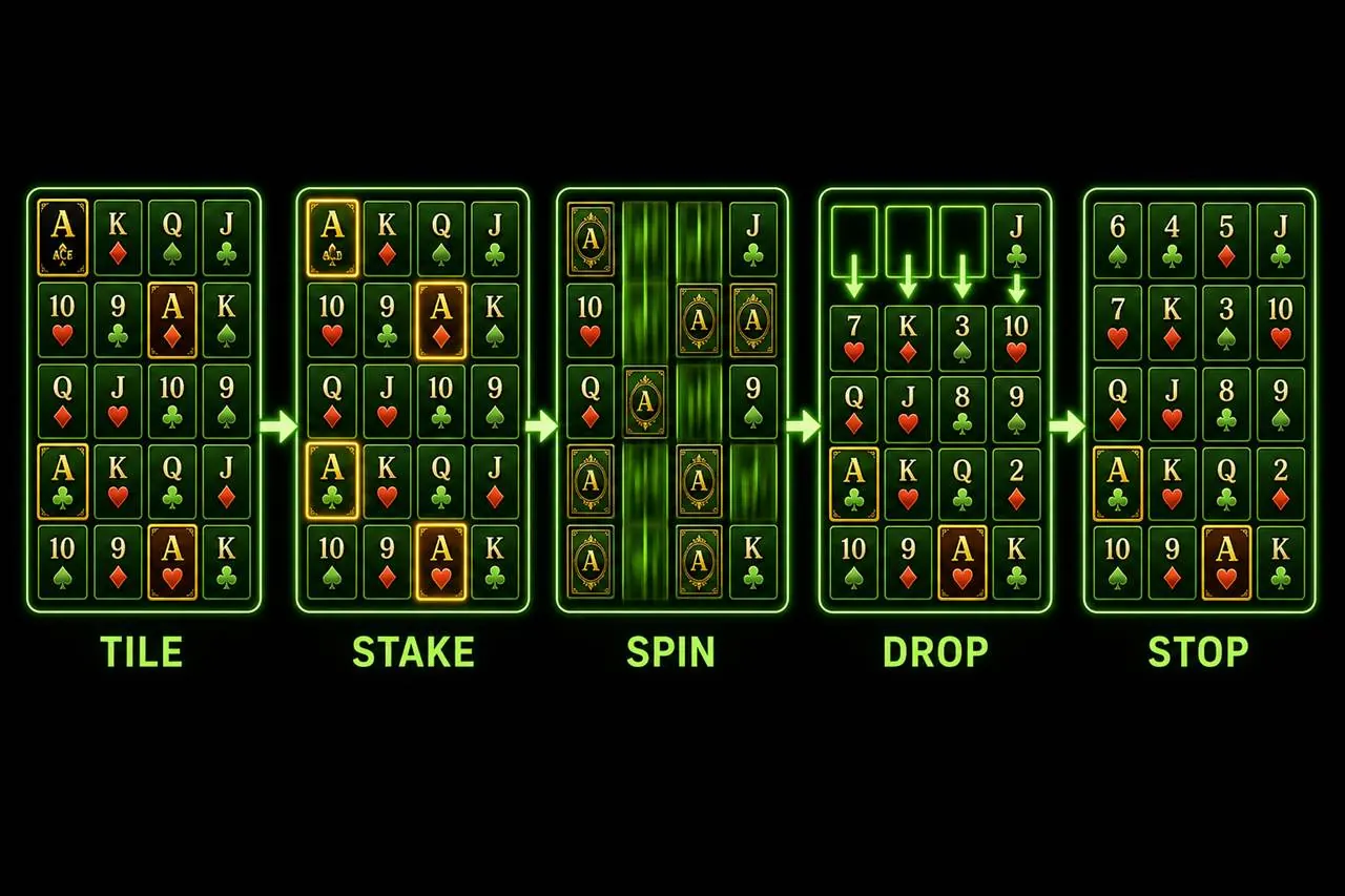 Stack of stills from the Deluxe table: cascade drop, gold star card, green sunburst, notebook of field ticks, no author portraits