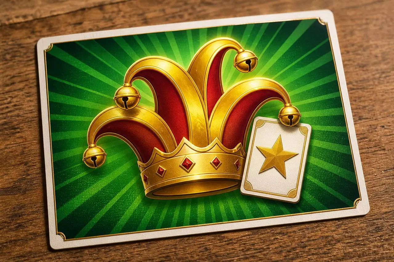 Close crop of the Deluxe lobby tile, neon green rays, gold crown with red panels and bells, gold star card, no readable title baked in