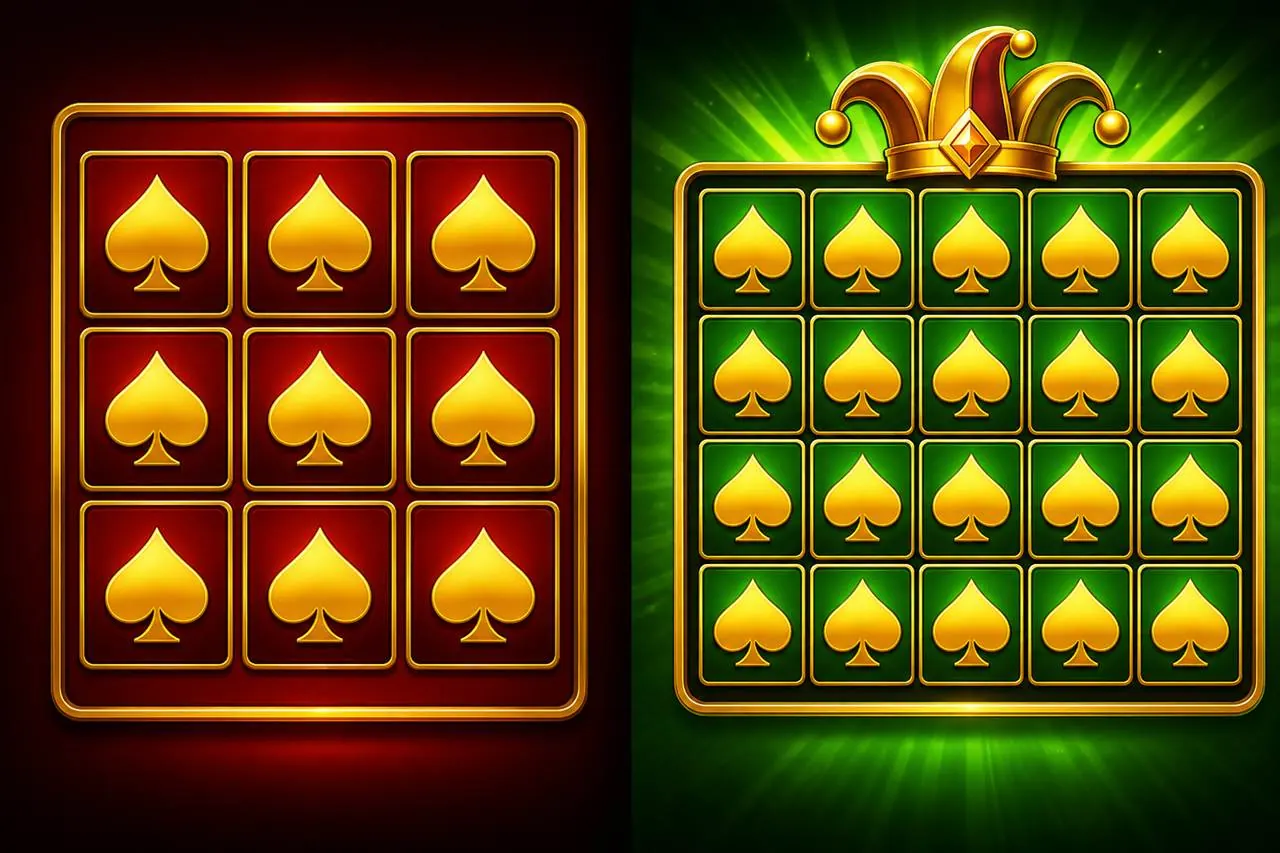 Notebook beside a phone showing a 4×5 card cascade, ticks for drop and scatter, gold crown tile on the felt backdrop