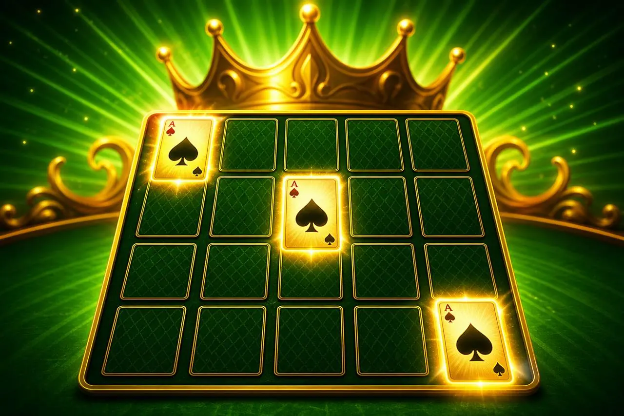 Three scatter symbols landing on a 4×5 card grid, gold crown at the header, green sunburst table, free-games plaque aside