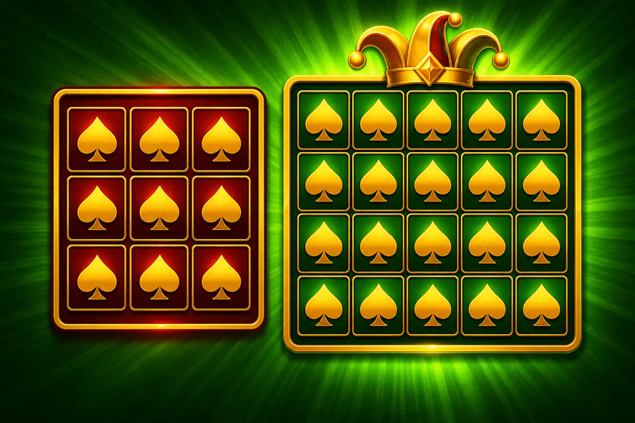 Full-bleed dual grids: original Super Ace on the left, Deluxe 4×5 with gold jester crown on the right, neon green sunburst felt edge to edge