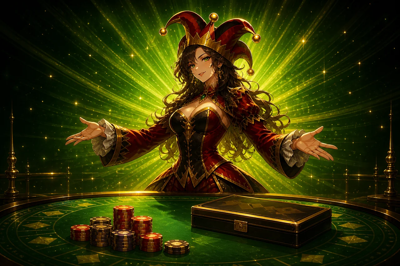 Jester-crowned host beside demo credit chips and a closed cash tray on green sunburst felt