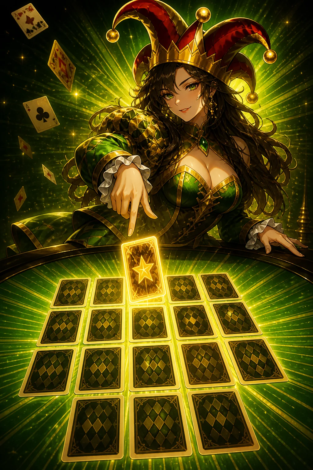 Jester-crowned host pointing at a gold star wild mid-drop on the Super Ace Deluxe 4×5 practice grid